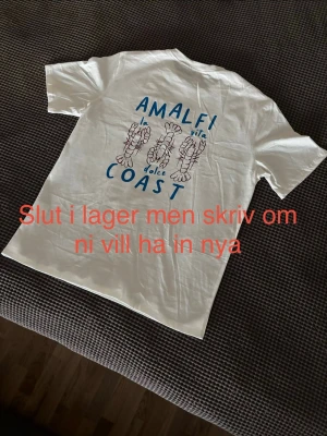 Snygg vit T-shirt - Vit t-shirt med blått tryck och illustrationer av räkor på både fram och baksida. Skön passform och klassisk rund hals. Perfekt för dig som gillar stilrena plagg med en twist och vill sticka ut lite extra. Helt ny och skickas inom en vecka!