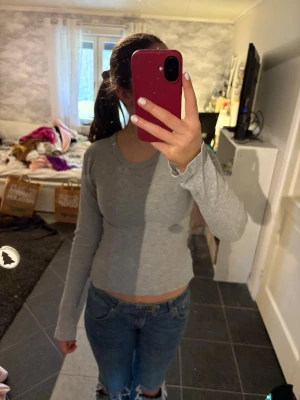 Grå ribbad långärmad topp - Säljer en enkel och stilren grå ribbad topp med lång ärm och rund hals. Modellen är croppad och sitter tight, perfekt till jeans eller kjol. Passar dig som gillar en clean och basic look.