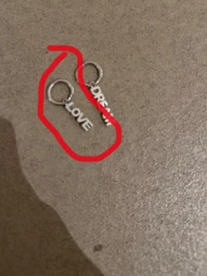 Silverörhängen med text LOVE  - Säljer ett par coola silverfärgade örhängen med texten LOVE. Örhängena har en enkel rund form och texten hänger vertikalt från ringen. Perfekt för dig som gillar statement-smycken och vill ha något unikt.