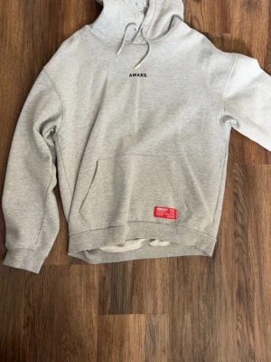 Grå hoodie från AWARE - Snygg grå hoodie från AWARE med svart tryck på ryggen och liten logga framtill. Klassisk känguruficka och huva med dragsko. Tillverkad i mjukt material, perfekt för en avslappnad streetwear-look. Röd detalj vid fickan ger extra stilpoäng.