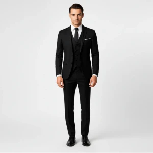Helt oanvänd 3 delad kostym! - Snygg svart kostym med matchande kavaj, byxor och väst. Kostymen har en stilren passform, klassisk krage och knappar framtill. Perfekt för dig som vill ha en tidlös och elegant look med vit skjorta och slips.