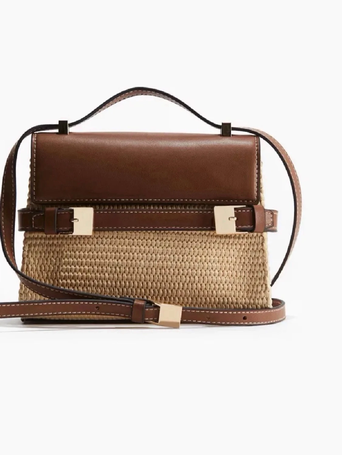 Slutsåld H&M - Brun och beige handväska i läder och strå - 4