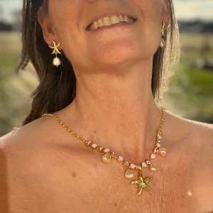 Halsband och örhängen i guldpläterad mässing, kristaller, Pärlor, charms - Halsband och örhängen i guldpläterad mässing med kristaller, Pärlor och charms. Färg Light Rose och Light Rose Opal. Pärlor i Light Rose. Ss29 6mm. Längd 51cm inkl lås. Finns även att få i andra färger på kristallerna. Sista bilderna visar andra varianter.  Jag skickar endast spårbart, samfraktar. Fast pris. Besök gärna mina övriga annonser.  Till mina smycken använder jag kristaller från Preciosa, Aurora och Swarowski.