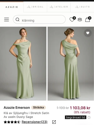Ljusgrön balklänning i satin från Azazie - Säljer denna jättefina ljusgröna balklänningen från Azazie. Endast testad och köpt för 1200. Elegant ljusgrön långklänning från Azazie i satin med oneshoulder-design. Klänningen har en smickrande slim passform och draperad detalj över axeln. Perfekt för dig som vill ha en stilren och modern look. Kan gå ner i pris vid snabb och smidig affär.💞💞
