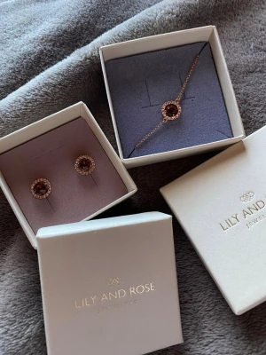 Lily and Rose örhänge +armband  - Helt nya! Perfekt till present eller till dig själv! Kom ej till användning och kan ej använda dem pga allergi tyvärr. Kopparfärg/roséguld med brun pärla! Köpt för 798. Kan sälja örhängena för sig om man är intresserad av dem endast 🫶Endast liten defekt på lådorna på sidan/under, skickar bilder vid förfrågan. 