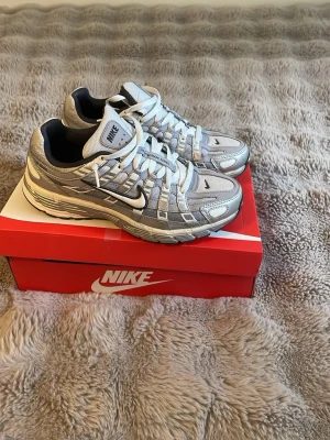 Nike p6000 - Nike sneakers i silver och vitt med mesh och syntetpaneler, svarta detaljer och vit sula. Klassisk Swoosh-logga på sidan och skön vadderad insida. Sitter på en röd Nike-låda och har en sportig, futuristisk vibe.