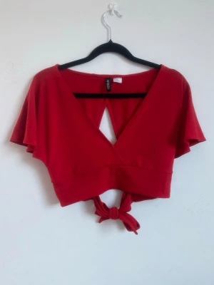 Röd v-ringad somrig topp  - Jättefin topp för sommaren. Snygg röd färg. V-ringad, knyts i ryggen och är även öppen i ryggen. Croppad, storlek XS. 