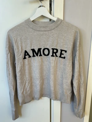 Beige tröja med AMORE text från Gina Tricot💕💕 - Säljer en grå långärmad tröja från Gina Tricot med svart texten 'AMORE' broderad på bröstet💕💕Tröjan har rund halsringning och ribbade muddar vid hals, ärmslut och nederkant💕💕💕I bra skick💕💕Jag säljer den för 60 kr💕💕Hör av er vid intresse💕💕