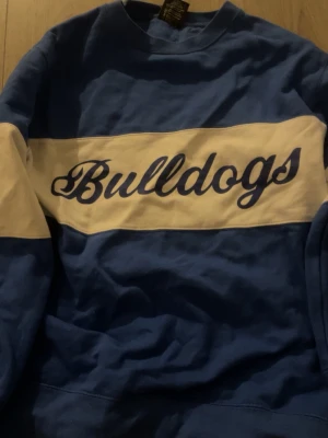 sweatshirt  - Blå sweatshirt med vit panel över bröstet och ärmarna där det står 'Bulldogs' i blå text. Tröjan har rund halsringning och är tillverkad i mjukt bomullsmaterial. Perfekt för dig som gillar sportig och avslappnad stil.