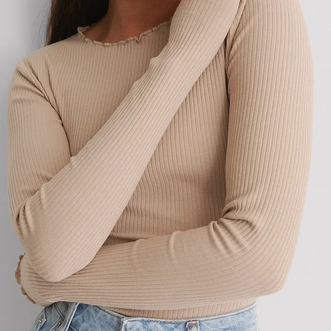 Ribbstickad långärmad tröja - 90