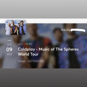 Coldplay biljett - Säljer min coldplay biljett, 1 sittplats. Sektion V3 rad 6. Kommer skicka vidare biljetten via e-mail