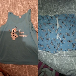 Pyjamas set och bikini  - Bekinin använd en gång storlek xl 100kr,  pyjamas tröja storlek m-l 20 kr och Olof från frozen pyjamas storlek Xl 50 kr ps byxorna är lite missfärgade. 