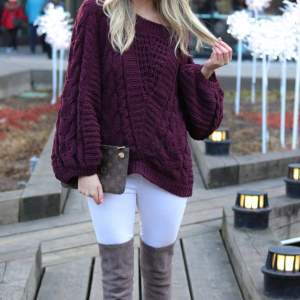 Knitted plum sweater from Express with balloon style sleeves  