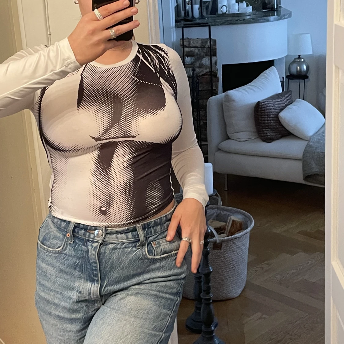 Vit långärmad med tryck - 90