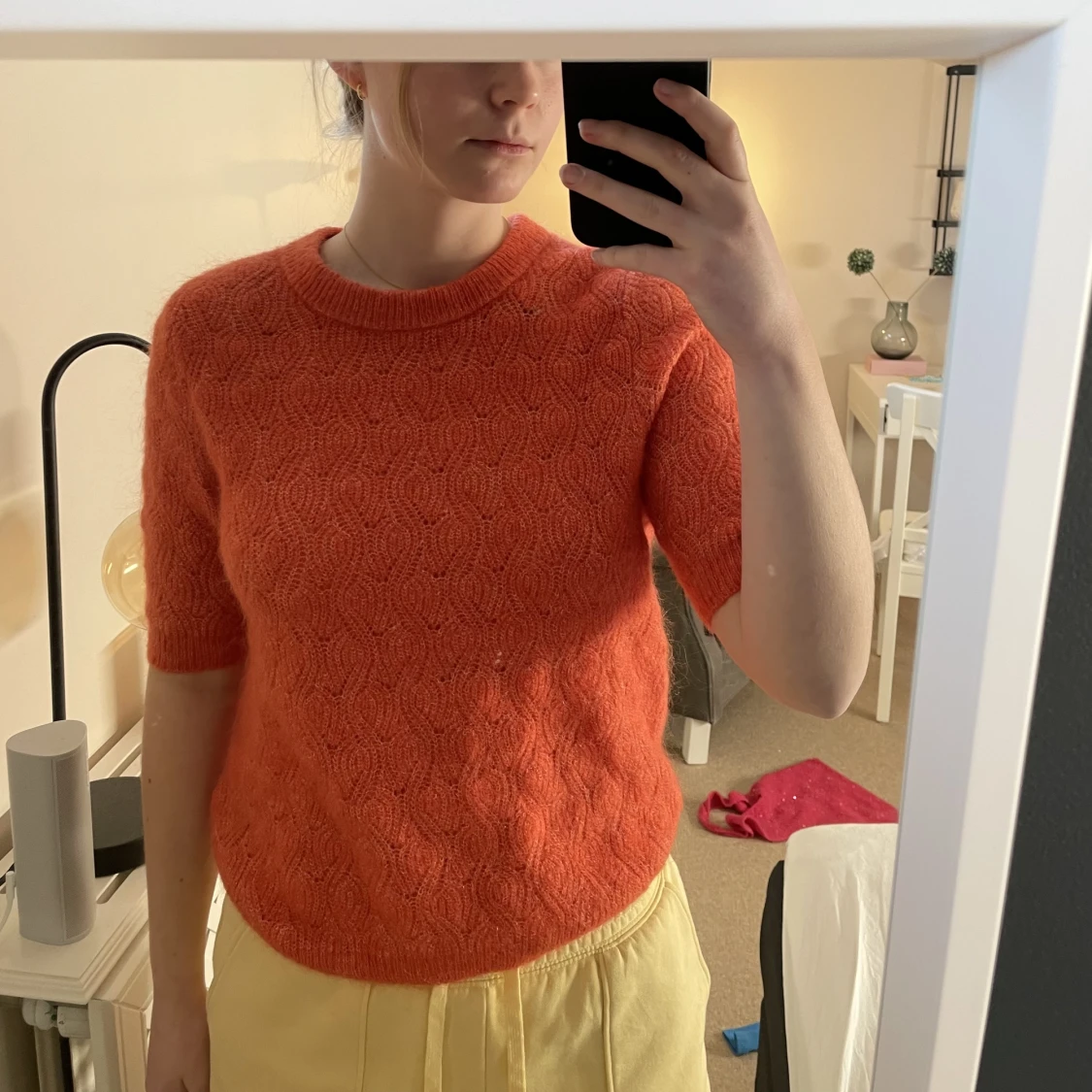 Stickad kortarmad orange tröja - 90