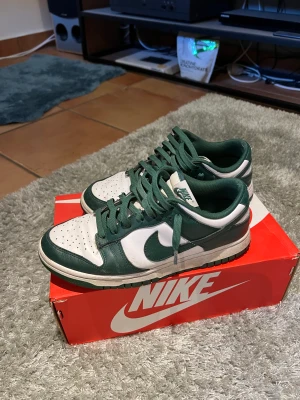 Nike dunk ”Team Green” - Ett par väldigt använda dunks. Dem är väl använda, men dem är fortfrande i väldigt fint skick. Nypris på skorna är 5000kr. Kvitto osv finns. Pris går att diskutera vid snabb affär. 