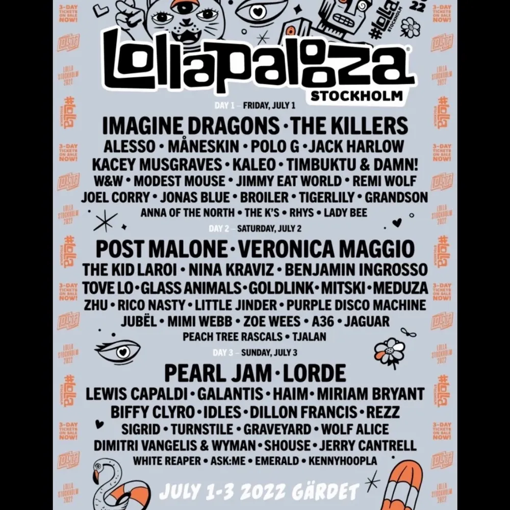 Säljer mina två biljetter till Lollapalooza (alla 3 dagar, 1-3 juli) pga kommer inte kunna gå längre! 1995kr styck, pris går att diskuteras!. Övrigt.