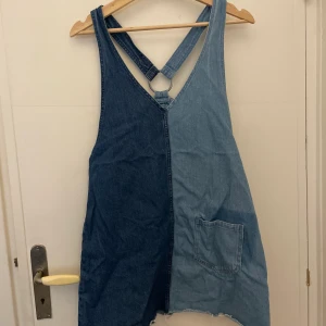 Jeansklänning - Jeansklänning från HM med frissad nederkant och fin detalj på ryggen. Ficka på framsidan. Storlek 38 men då den är i jeans och saknar stretch skulle jag säga att den mer är 36/S.
