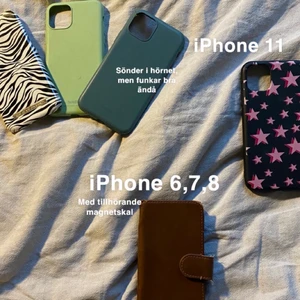 Mobilskal - KÖP ALLA FÖR 250 + FRAKT! Mobilskal för iPhone 6,7,8, 11 PRO och 11. Jag säljer det mörkgröna och zebra skalet för 50kr/st + frakt eftersom att dom har lite skador. Bruna: 75kr+frakt, sjärnskalet 50kr+frakt och det mintgröna för 100kr + frakt. 