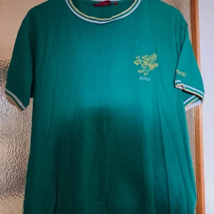 Grön t-shirt från Redwood - Grön t-shirt från Redwood med guldrött lejontryck och texten RDWD på bröstet. Ärmar och krage har vita och gula ränder för en sportig vibe. Skön bomullskänsla och klassisk passform, perfekt till jeans eller shorts. Jätte fint skick :) har en fläck som knappt syns, men försvinner snabbt efter tvätt