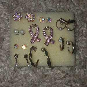 Mix av örhängen med pärlor och glitter - Säljer ett set med olika örhängen: glittriga blommor, rosa strassband, pärlörhängen och guldiga hoops. Flera har glittriga stenar i regnbågsfärger och några är klassiska med pärldetaljer. Perfekt för dig som gillar att variera stilen! 10 kr/st, alla för 75 kr. Skicket är bra och mycket bra, beroende på vilka örhängen. PRIS KAN DISKUTERAS!