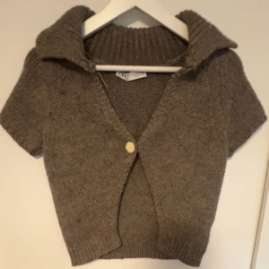 Brun stickad kofta med knytning - Kortärmad brun stickad kofta från Zara med bred krage och en stor knapp framtill. Modellen är croppad och har ribbade muddar vid ärmslut och nederkant. Skitsnygg om man stylar och sälj då den är lite för liten på mig.