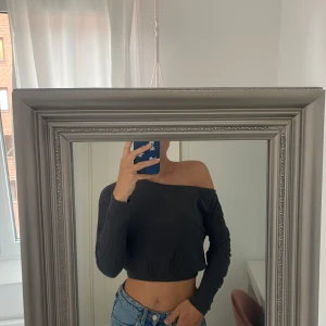 Svart croppad offshoulder topp - Säljer en grå, ribbad och croppad topp med offshoulder-design. Toppen har långa ärmar och sitter snyggt över kroppen. Perfekt att styla med höga jeans för en trendig look.