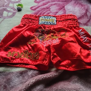 Röda Muay Thai shorts från Fluory - Snygga röda Muay Thai shorts från Fluory med bred, elastisk midja och coolt lejonbroderi framtill. Shortsens glansiga yta och detaljer i guld och vitt gör dem riktigt iögonfallande. Perfekta för träning och kampsport.