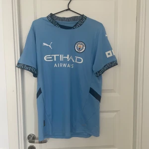 Manchester City Puma matchtröja L - Manchester Citys officiella matchtröja från Puma i ljusblått med klubbmärke och Etihad Airways-tryck på bröstet. Tröjan har korta ärmar, rund hals med mönstrad kant och är tillverkad i lätt, ventilerande funktionsmaterial.
