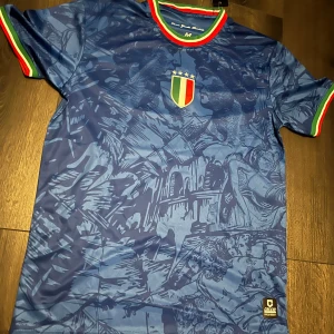 Blå Italien fotbollströja med mönster - Säljer en blå fotbollströja från Calcio Italia med Italiens sköld på bröstet och detaljerade grafiska mönster över hela tröjan. Krage och ärmslut har röd, vit och grön rand. Tillverkad i lätt och ventilerande material. Storlek M.
