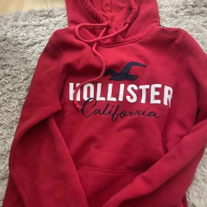 Röd hoodie från Hollister - Röd hoodie från Hollister med stor logga. Tröjan har huva med dragsko och en klassisk känguruficka.