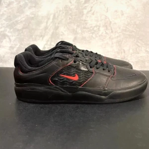 Nike SB Ishod Premium skate sneakers y2k - Ett par äkta Nike SB Ishod-skor i färgen svart med röda detaljer, i storlek EU 43. Modellen är framtagen i samarbete med Ishod Wair och har därmed hög funktionalitet för att skejta men även för vardagsbruk. Skorna har en perforerad tåhätta för ventilation och slitstark yttersula. Invändigt syns ”ISHOD”- loggan på sulan. De är använda och har vissa spår av bruk, bland annat slitage på innersulan och ytligt slitage på sidorna (se bilder), men är gott skick och har mycket kvar att ge! 