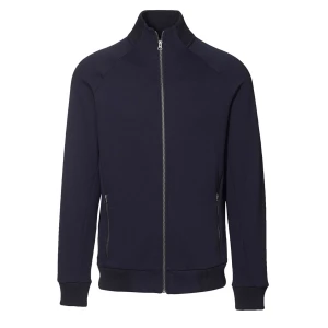 Mörkblå bomberjacka med dragkedja - Snygg mörkblå bomberjacka med dragkedja och ribbade muddar. Jackan har en stilren design med två fickor framtill och en hög krage. Perfekt för en casual look.