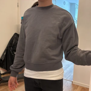 Grå sweatshirt i bomull - Enkel och stilren grå sweatshirt med rund hals och långa ärmar. Tröjan har en loose passform och är tillverkad i mjuk bomull. Perfekt för en chill och avslappnad look. Ribbstickade muddar vid ärmslut och nederkant ger en snygg finish. Priset kan diskuteras.