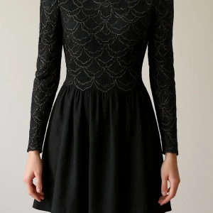 Svart spetsklänning med glitterdetaljer - Supersnygg svart kortklänning med långärmade ärmar i glittrig spets och vågigt mönster. Överdelen är transparent med silvertråd och har knappar i ryggen. Kjolen är enkel och faller fint. Perfekt för dig som vill sticka ut med en elegant look.
