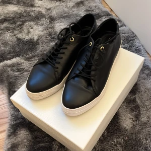 Svarta sneakers med vit sula från Agnes Cecilia - Snygga svarta sneakers från Agnes Cecilia med vit platt sula och guldfärgade öljetter. Skorna har klassisk snörning och en stilren design som passar till många outfits. Perfekta för dig som gillar en enkel men trendig look.