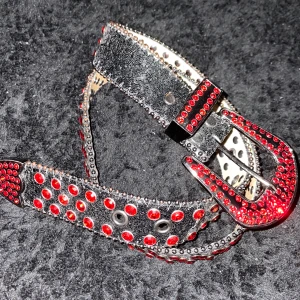 Svart skärp med röda nitar och strass - Coolt svart bälte i skinn med massor av röda strass-stenar och nitar längs hela bandet. 114cm långt med buckle