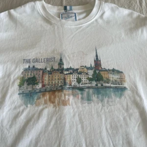 The Gallerist T-shirt  - Vit t-shirt från The Gallerist med ett tryck av Stockholms stadssilhuett i akvarellstil på bröstet. Klassisk rund hals och korta ärmar. Perfekt för dig som gillar stilrena och konstnärliga plagg. Den är rätt kort så om du är över 185 så skulle jag inte rekommendera den 