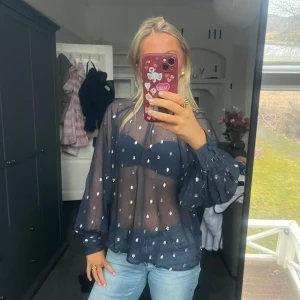 Mörkblå transparent blus med prickar - Säljer en mörkblå transparent blus med vita prickar och långa puffärmar. Blusen har resår vid ärmslut och en lös passform, perfekt att styla med linne under. Superfin till jeans eller kjol!