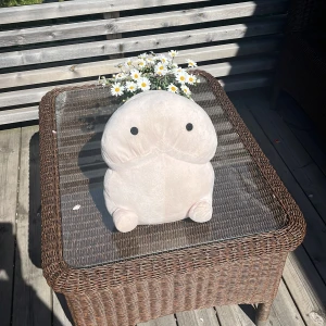 Mjukisdjur i beige plysch snopp  - Säljer ett gulligt mjukisdjur i beige plysch med runda former och svarta broderade ögon. Perfekt som prydnad eller kramkompis. Mjuk och fluffig känsla, passar bra i sängen eller soffan.