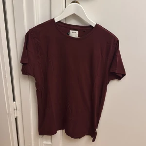 Vinröd t-shirt från Win Win - Säljer en enkel och stilren vinröd t-shirt från Win Win i storlek M. T-shirten har rund halsringning och korta ärmar. Perfekt för dig som gillar basic plagg med snygg färg. Materialet känns mjukt och bekvämt.