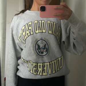 Grå oversized sweatshirt från Champion - Grå sweatshirt med tryck i gult och svart framtill, texten 'GRAND OLD PARTY UNIVERSITY' och emblem. Tröjan har långa ärmar och en avslappnad, oversized passform. Perfekt för en chill och sportig stil.