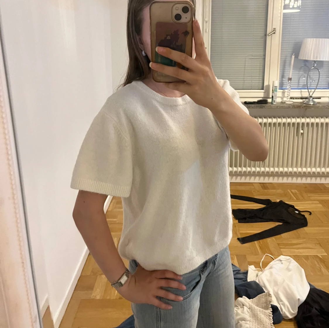 Vit stickad trekvarts tröja - 1