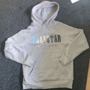 Grå Trapstar hoodie med tryck - Säljer en grå hoodie från Trapstar i storlek M. Tröjan har huva med snörning, magficka och tryck i blått, vitt och svart framtill. Mjuk insida och klassisk passform, perfekt för en chill streetwear-look.