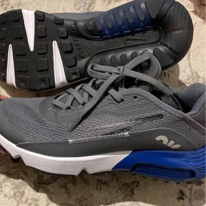 Gråa sneakers från Nike Air Max - Snygga gråa Nike Air Max sneakers med blå och vita detaljer. Ovandelen är i mesh och syntet för bra andningsförmåga och komfort. Skorna har snörning och en tydlig Air Max-sula som ger extra dämpning. Perfekta för dig som gillar sportig stil.