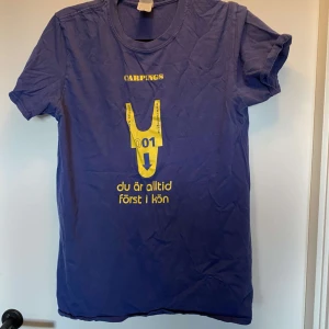 Blå Gildan t-shirt med gul print - Blå t-shirt från Gildan med gul text och grafiskt tryck på bröstet. Modellen är klassisk med rund hals och korta ärmar. Materialet är mjuk bomull och passformen är normal. Perfekt för dig som gillar unika och roliga prints.