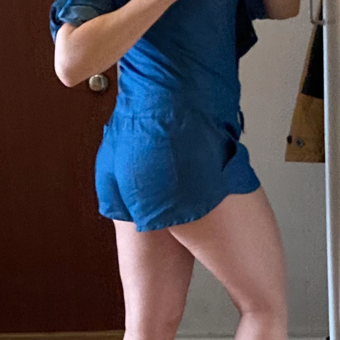 Blå kort byxdress med knappar och krage Stl M - 4