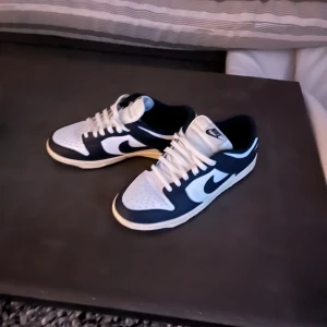 Nike Dunk Low blå och vita sneakers - Säljer ett par Nike Dunk Low sneakers i blått och vitt. Skorna har bara blivit använda en gång och är i väldigt bra skick.