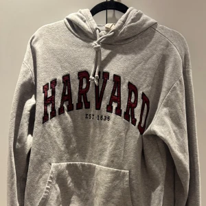 Grå Harvard hoodie från H&M - Säljer en grå hoodie från H&M med stor HARVARD-text i rött och svart framtill. Tröjan har huva med dragsko och en stor magficka. Perfekt för dig som gillar college-stil!