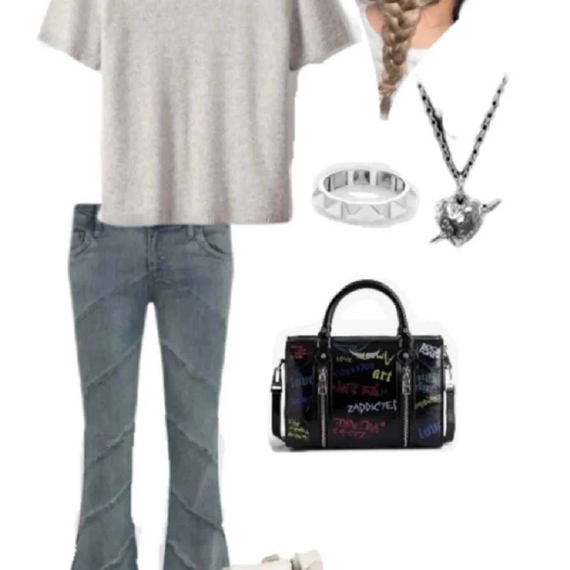 Grå bootcut jeans med sned söm - 1